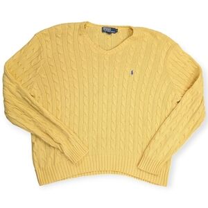 Polo Ralph Lauren Yellow Chunky Cable Knit Preppy V-Neck Sweater Sz XL Office